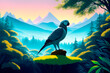 The Grey Parrot, Psittacus erithacus. Digital painting art, mountains on background. Generative AI