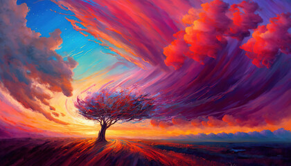 Wall Mural - Tree, Wind and Waves. Colorful. Vibrant brush strokes. Watercolor. Sunrise. Colors. Sky. Generative AI.