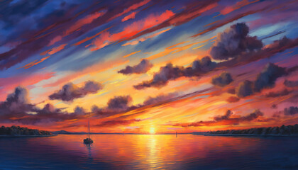 Wall Mural - Wind and Waves. Colorful. Vibrant brush strokes. Watercolor. Sunrise. Colors. Sky. Generative AI.