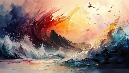 Wall Mural - Ocean Waves. Colorful. Vibrant brush strokes. Sunrise. Colors. Wind. Generative AI.