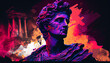 Bust of Roman emperor Gaius Julius Caesar in 80s purple neon synth wave style. Generative AI