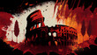 Colosseum in fire at night. The Fall of the Roman Empire. Artwork. Generative AI