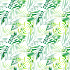  A pattern of palm leaves. Watercolor illustration. Collage. Mosaic. Tropical plants.
