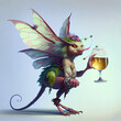 illustration fairy insect drinking wine. Colorful Fantastical Dragonfly, Fantasy Raster Image created with Generative AI technology