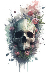 Watercolor Floral Skulls Clipart PNG Sublimation, Transparent Skulls with Flowers, witch png, Flower skull Clipart, generative ai.