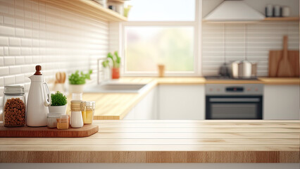 Wall Mural - Wooden texture table top on blurred kitchen window background. For product display or design key visual layout. For showcase or montage your items (or foods). Product display mock up. Generative AI