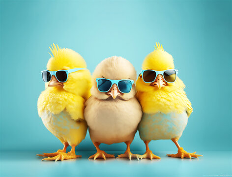 three yellow chicks with blue sunglasses bang, studio blue background. easter concept, generative ai
