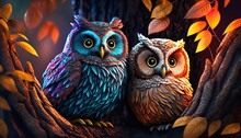 Illustration Of An Abstract Multicolored Owl In A Tree In A Forest. Generative Ai.