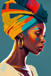 © PhotoGranary - Abstract painting concept. Colorful art portrait of a black woman with modern turban. African culture. Generative AI.