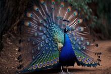 AI, A Bright Peacock With An Open Tail. Peacock In The Forest, Zoo. Ornament On The Tail, Eyes. Symbolic, Royal Majestic Bird. Green Nature