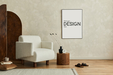 interior design of living room interior with design armchair, wooden coffee table, mock up poster fr