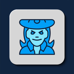 Wall Mural - Filled outline Witch icon isolated on blue background. Happy Halloween party. Vector