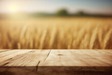 Empty Wooden Table In Front Of Golden Ears Of Wheat Background