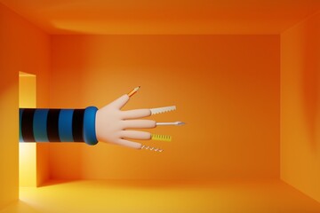 Wall Mural - cartoon style hand with different tools on fingers reaching in to empty room from open door with bri