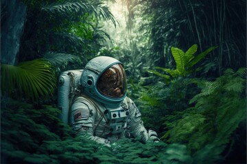  a man in a space suit sitting in the middle of a forest with ferns on the ground and a fern in the foreground with a light shining on his face.  generative ai