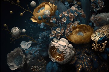 Wall Mural -  a painting of flowers and a vase with gold accents on a black background with gold accents on the bottom of the vase and the bottom half of the vase.  generative ai