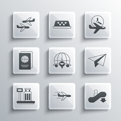 Sticker - Set Plane, Escalator down, Paper airplane, Globe with flying, Scale suitcase, Passport, and Flight time icon. Vector