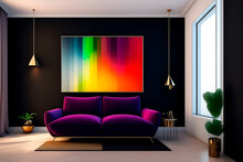 Sophisticated Interior Living Room Design And Black Wall With A Colorful Gradient Picture. 3d Style Interior Design. Generative AI.