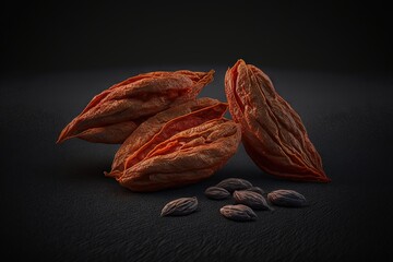  a pile of dried nuts on a black background with a dark background and a few pieces of the nuts still on the ground with the seeds.  generative ai