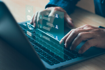 Concept chat bot, chat GPT or artificial intelligence robot technology Ai, user typing on computer keyboard to enter commands or communicate with the virtual screen interface of future technology
