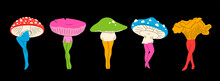 Set Of Various Mushrooms With Graceful Female Legs. Abstract Ladies With Mushroom Hats. Hand Drawn Modern Vector Illustration. Unique Creatures, Isolated Characters. Psychedelic, Trip Concept