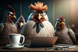 © Zelma - Angry rooster boss and three hens behind a laptop, office work concept. Generative AI