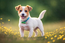 Joyful Little Dog Jack Russell Terrier  In The Spring Forest With Flowers, Sunbeams And Bokeh. Generative AI