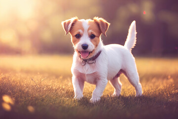 Wall Mural - Joyful little dog jack russell terrier  in the spring forest with flowers, sunbeams and bokeh. Generative AI