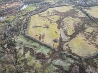 Wall Mural - Aerial view looking down onto countryside and trees. 