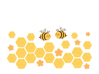 Poster - Beehive honeycomb sign with hexagon grid cells, cute flower and bee cartoons isolated on white background vector illustration.