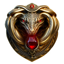 A Silver And Gold Metal Snake Head Metal Emblem. 3D Style Snake Metal Badge. Coat Of Arms Snake Head. Snake Head Metal Insignia. Animal Badge. Snake Head Metal Symbol. Medallion