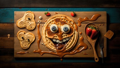 Wall Mural -  a waffle with eyes, nose, and mouth is on a cutting board next to a spoon and a plate of strawberries and peanut butter.  generative ai