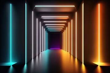Wall Mural - bright neon lights and laser beam lines on a cutting-edge podium fluorescent hall entry tunnel abstract backdrop illustration Generative AI