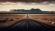  a long straight road in the middle of a desert with mountains in the background and clouds in the sky above the road is an empty road.  generative ai