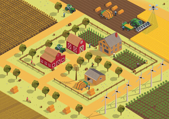big farm concept. agriculture and rural area. men gather wheat and grow vegetables and fruits. harve