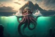 Unidentified sea monster with enormous tentacles protruding from the oceanic terrain; a candidate for Cthulhu. Generative AI