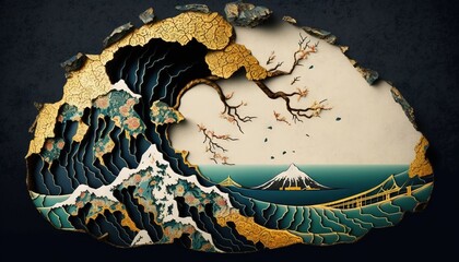  a painting of a wave with a mountain in the background and a tree in the foreground with a bird flying over it, and a bridge in the foreground.  generative ai