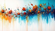  A Painting Of Orange And Blue Flowers On A White Background With Drips Of Paint On The Bottom Of The Painting And The Bottom Of The Painting Is Blue.  Generative Ai