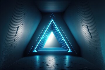 Wall Mural - Aerial view of a futuristic spaceship's entry tunnel, with a triangular window illuminating a blue laser light. Generative AI