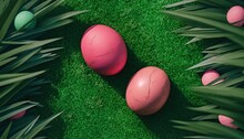  A Group Of Pink And Green Eggs Sitting On Top Of A Lush Green Grass Covered Field Next To Palm Leaves And Pink And Green Eggs.  Generative Ai
