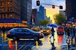  a painting of people crossing the street in the rain with an umbrella over their head and a car on the street below them, and a traffic light and buildings in the background.  generative ai