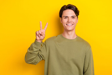 Wall Mural - Portrait of cheerful young man beaming smile arm fingers demonstrate v-sign isolated on yellow color background