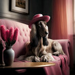 Dog with a hat, afghan hound wearing a cowboy hat, generative AI