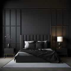 Wall Mural - Cozy modern bedroom interior with black bed and decoration room on a black or white wall background, Generative AI
