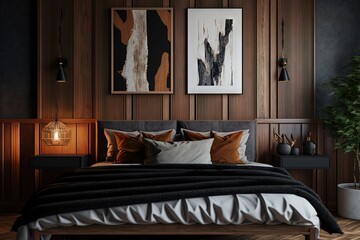 Poster -  a bedroom with wood paneling and a bed with a black comforter and two framed pictures on the wall above it and a potted plant.  generative ai