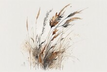  A Painting Of A Plant With Brown Leaves On It's Stem And Brown And White Flowers On The Top Of The Stem, With A White Background.  Generative Ai