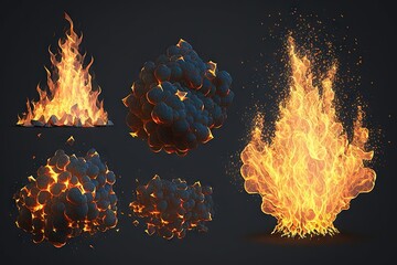  a set of fire and smoke shapes on a black background with a black background and a black background with a red and yellow fire pattern.  generative ai