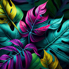 Pattern with feathers. Colorful leaves background. Tropical plants full of colors. Botanical gardening to decorate spaces plentry of vibrant life. 3D rendering.