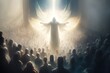  a large group of people in a dark room with a large angel above them in the center of the room is a man with his arms outstretched.  generative ai