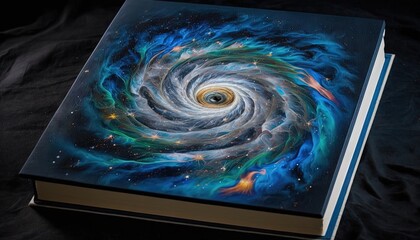 Poster -  a book with a picture of a spiral in the middle of the book is on a black surface with a black background and a blue spiral in the middle of the book.  generative ai